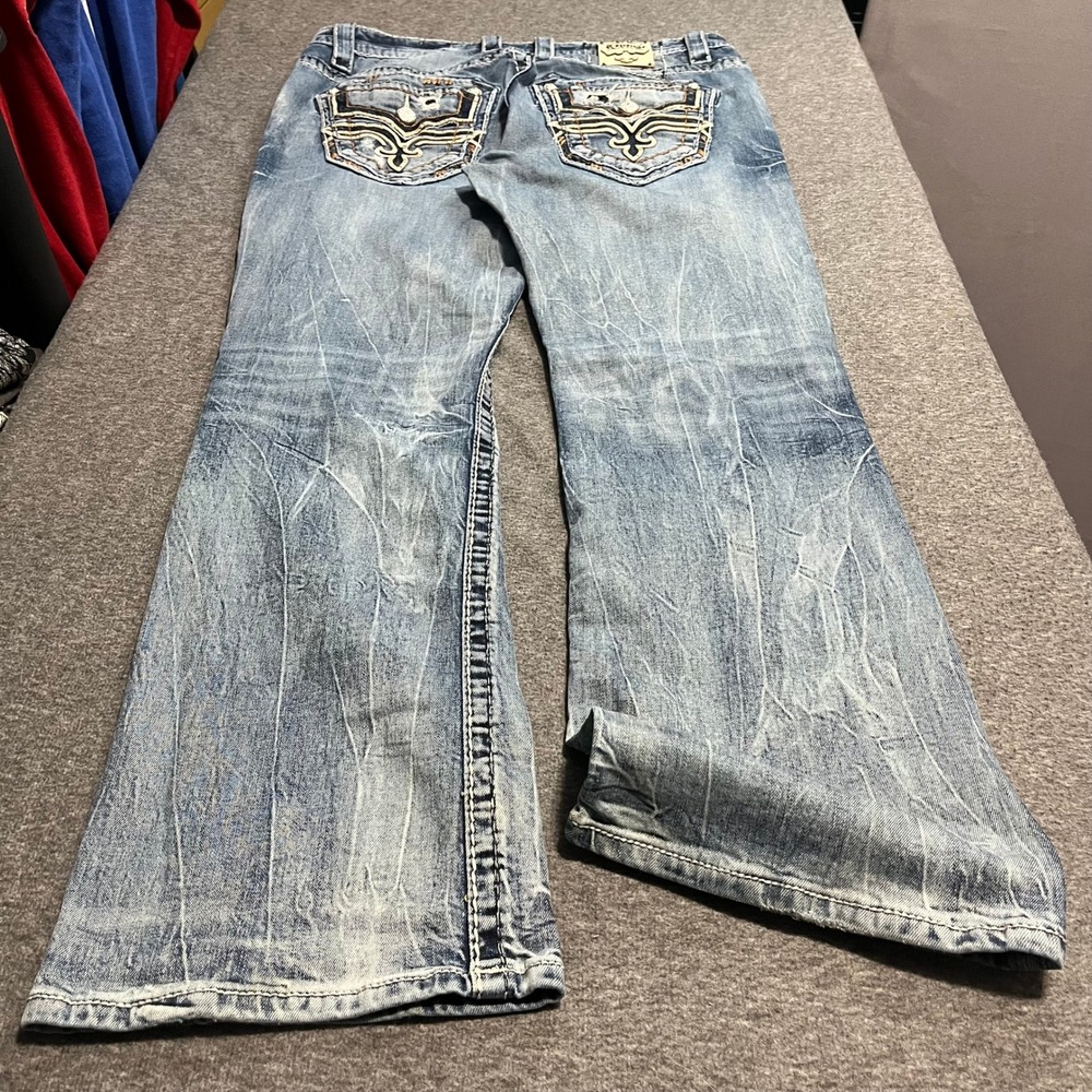 Rock Revival Leif Bootcut Jeans Mens 36x33 Distressed Light Wash Fleur De Lis